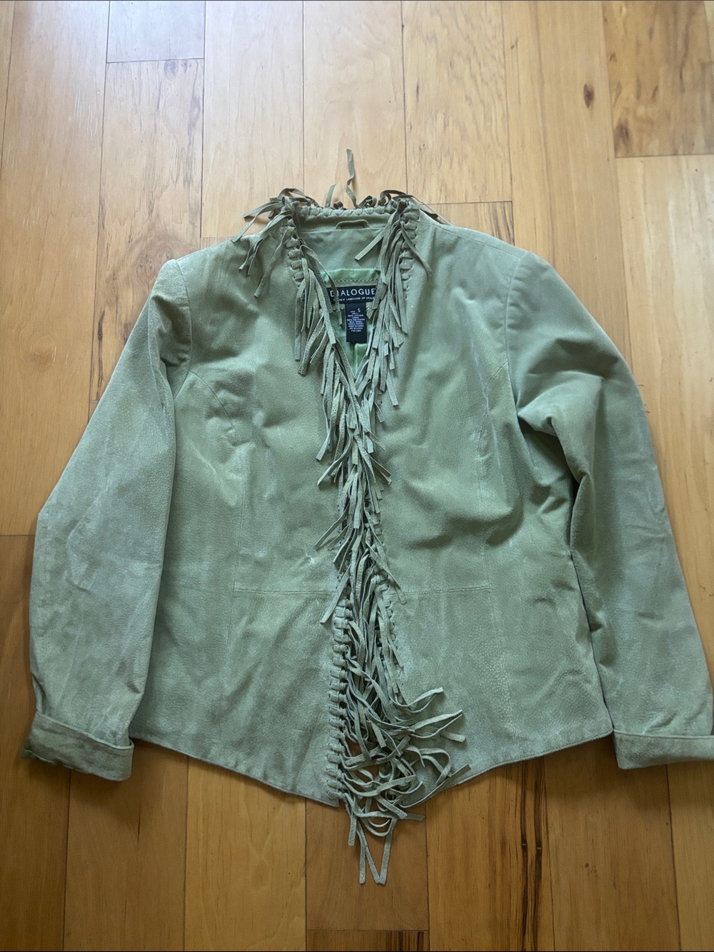 Dialogue Olive Green Suede Fringe Jacket size small.